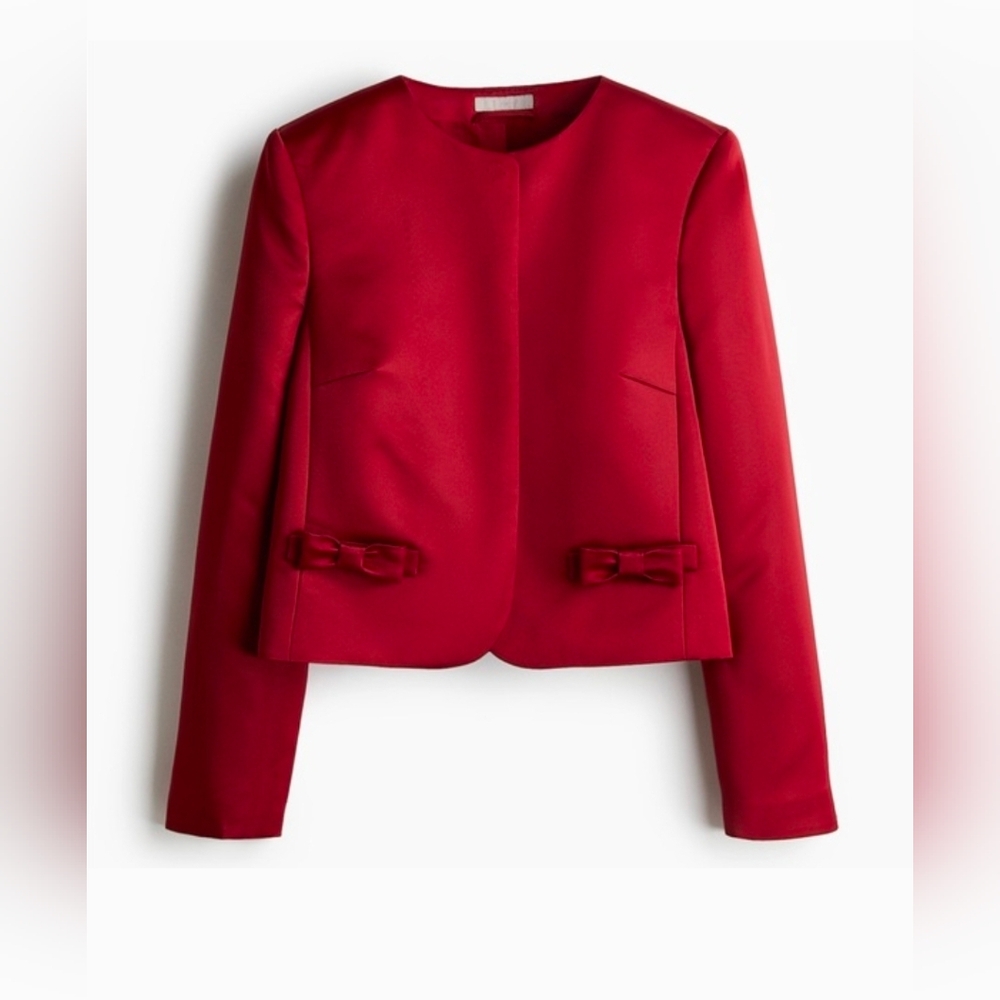 Sz M H&M NWT viral satin red bow pocket short blazer Jacket
